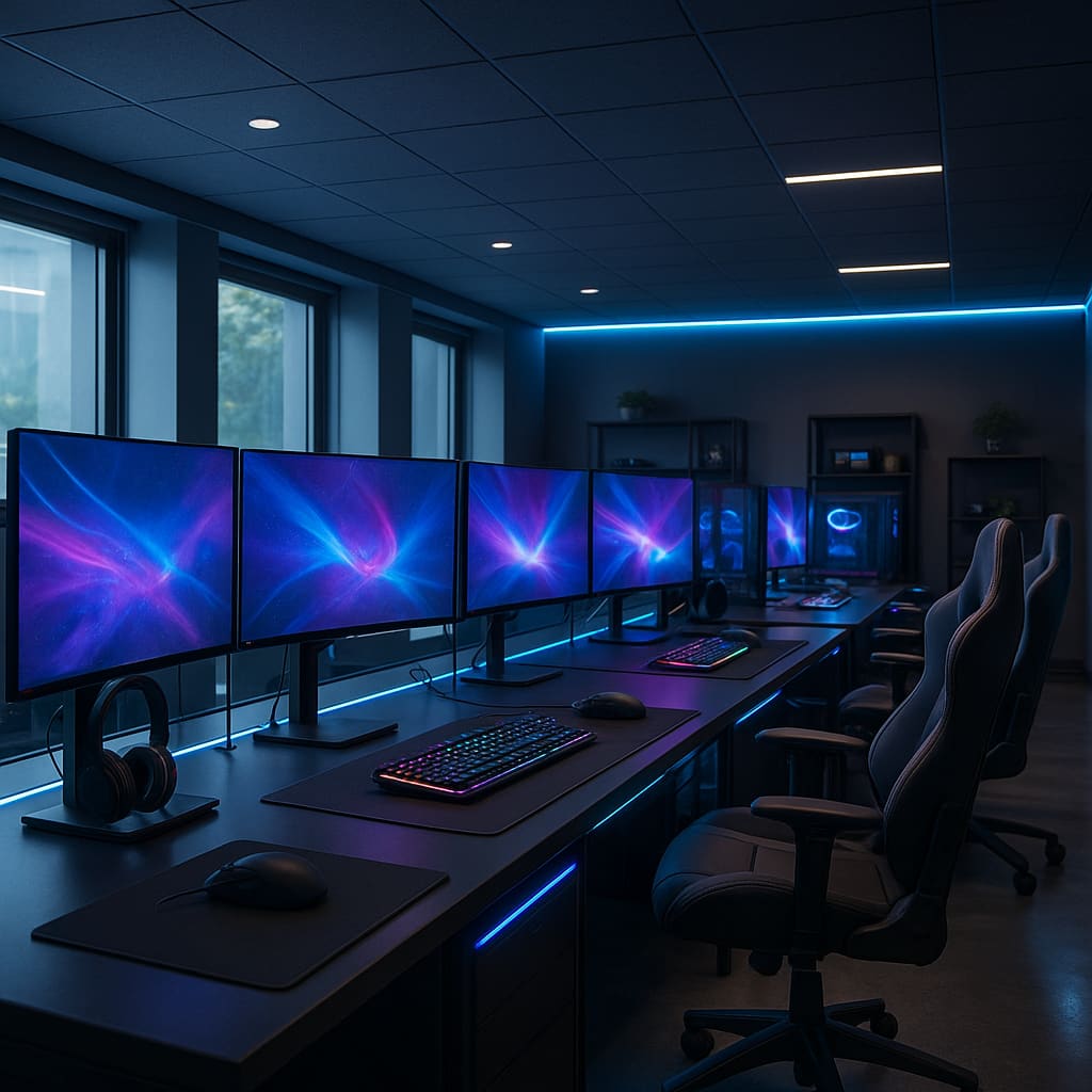 Modernes PC Gaming Studio mit High-End Stationen